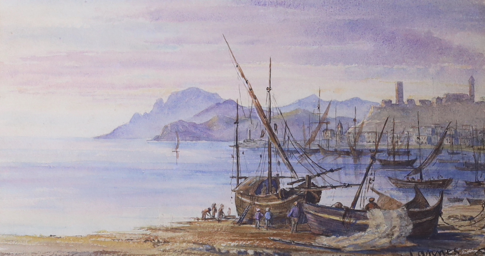 19th century English School, watercolour, Cannes harbour scene, moored fishing boats, inscribed, 28cm x 15cm